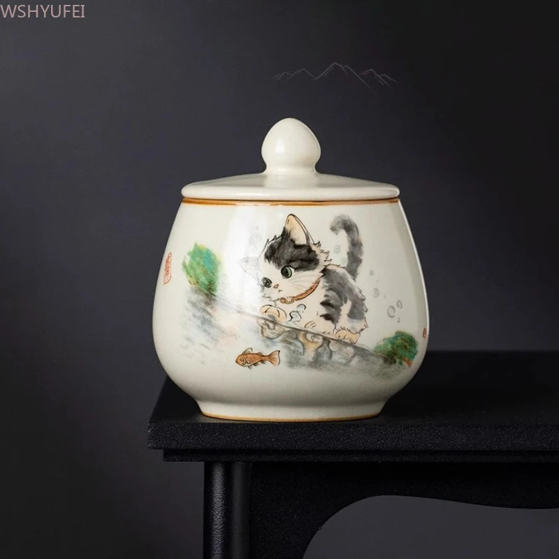 Funeral Ashes Glass Urn for Human Cremation Pet Ashes Holder Ceramic Keepsake Pal Ashes Urns Casket Seal Cute Cat Pattern