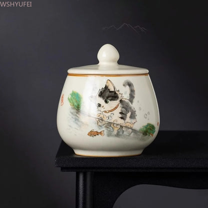 Funeral Ashes Glass Urn for Human Cremation Pet Ashes Holder Ceramic Keepsake Pal Ashes Urns Casket Seal Cute Cat Pattern
