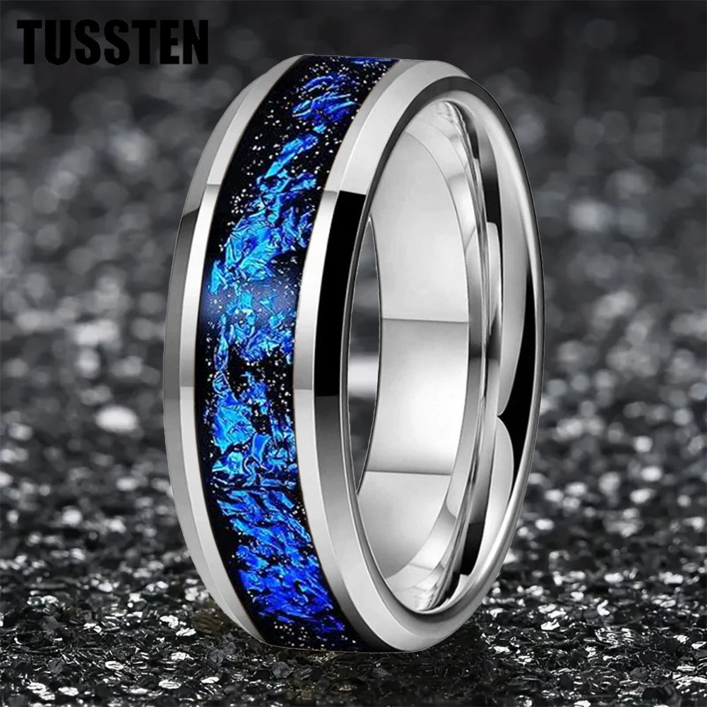 Wolfram 6/8mm Wolfram Ring für Männer Frauen blaue Folie Inlay Verlobung Ehering abgeschrägt poliert glänzend bequeme Passform