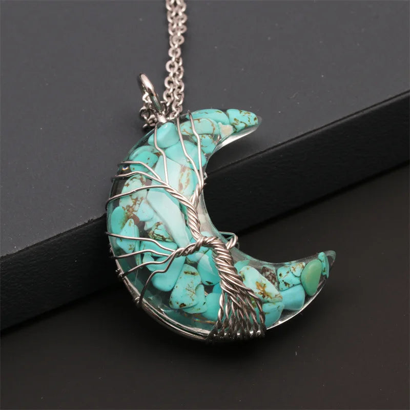 Natürliche Kristall Mond Anhänger Halskette Baum des Lebens Amethyst Reiki poliert Mineral Schmuck Heilstein für Männer Frauen Schmuck