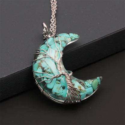 Natürliche Kristall Mond Anhänger Halskette Baum des Lebens Amethyst Reiki poliert Mineral Schmuck Heilstein für Männer Frauen Schmuck