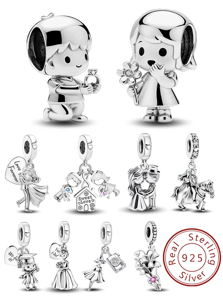 Charms aus 925er-Sterlingsilber für Jungen und Mädchen, Paar-Serie, Vorschlag, Geständnis, Perlen, passend für Original-Pan-Armbänder, edler Schmuck, Geschenk