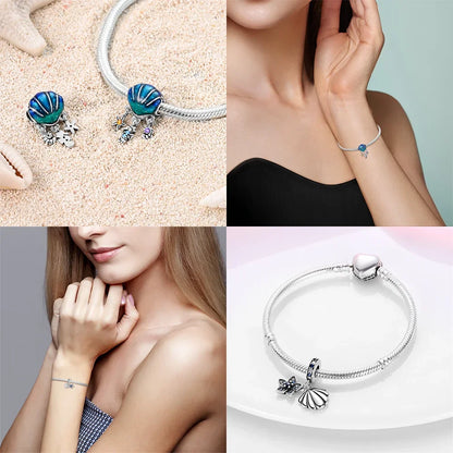 Charms aus 925er-Sterlingsilber, Perlen-Anhänger, Muschel, Delfin, Hippocampus, blauer Charm für Damen, Armband, Schmuck, Geschenk