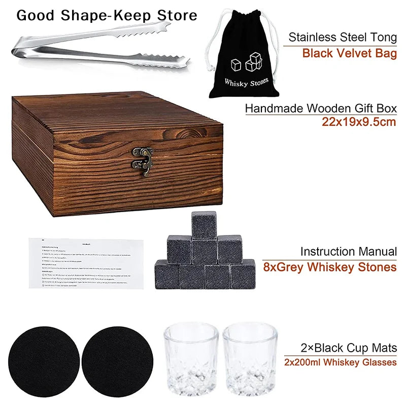 Set mit 8 Granit-Eiswürfeln + 2 Gläsern für Whisky in Holzbox, Geschenk für Papa, Vatertagsgeschenk für Männer, Whisky-Steine