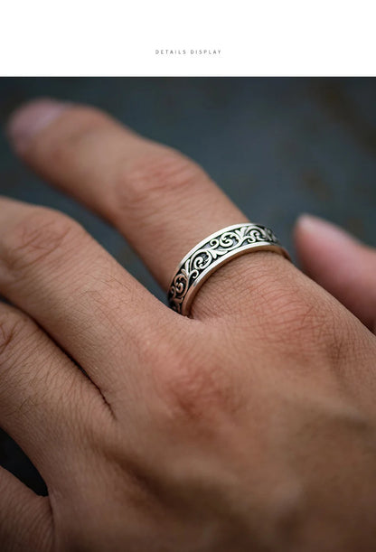 Retro Thai Silber Gras Muster Ring für Männer Trendy Vielseitig Personalisierter Schmuck Offene Einzelringe Fingerschmuck KOFSAC