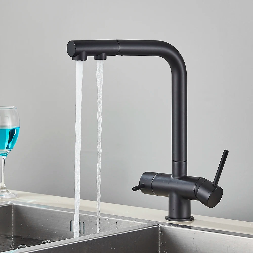 Chrom gefilterter Wasserhahn Messing Luftreiniger Küchenarmatur Doppelgriff Trinkwassergefäß Waschbecken Mischbatterie Torneira für die Küche