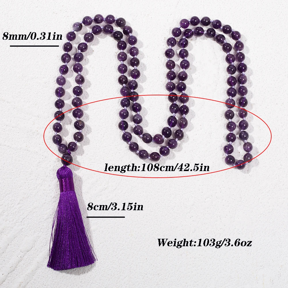 8mm Natürliche Amethyst-Perlen Geknotete 108 Japa Mala Gebetskette Meditations-Gebets-Yoga-Schmuck für Männer und Frauen