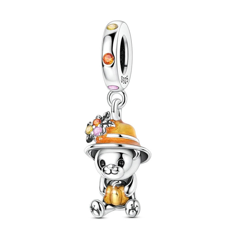 Kürbishaus-Perlen und Kuchen-Donut-Herzform aus 925er-Sterlingsilber, dreifach baumelnder Charm, passend für Armbänder, goldene orangefarbene Anhänger-Geschenke