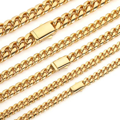 Hohe Qualität, Breite 8–14 mm, Edelstahl, goldfarben, kubanische Kette, wasserdicht, für Herren und Damen, Curb Link-Halskette, verschiedene Größen
