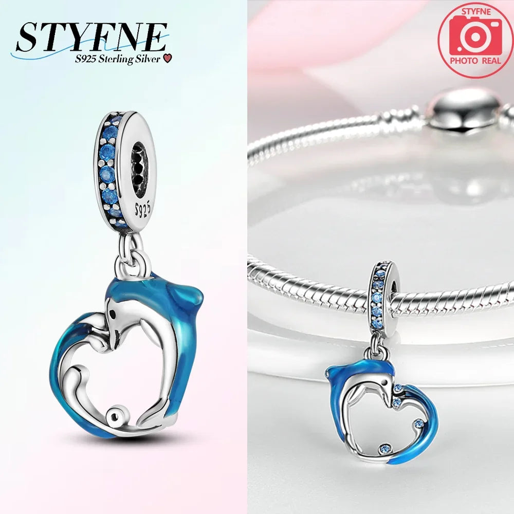 Charms aus 925er-Sterlingsilber, Perlen-Anhänger, Muschel, Delfin, Hippocampus, blauer Charm für Damen, Armband, Schmuck, Geschenk