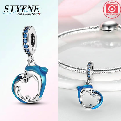 Charms aus 925er-Sterlingsilber, Perlen-Anhänger, Muschel, Delfin, Hippocampus, blauer Charm für Damen, Armband, Schmuck, Geschenk