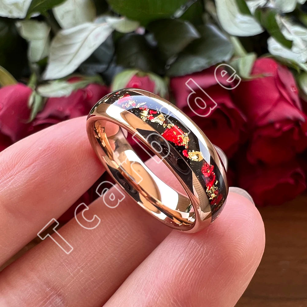 Dropshipping 6mm 8mm 18k Gold Farbe Kuppel Ehering Schöner Wolframkarbid Ring mit roter und Goldfolieninlage Comfort Fit