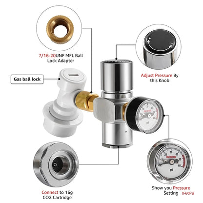 2-in-1-CO2-Ladegerät mit konvertiertem Adapter für TR21 x 4 CO2-Zylinder, 0–60 psi Mini-CO2-Regler für CO2-Kartusche