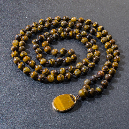 8 mm gelber Tigerauge-Perlenknoten, 108 Mala-Halskette, Meditation, Yoga, Gebetsschmuck mit Tigerauge-Anhänger für Männer und Frauen