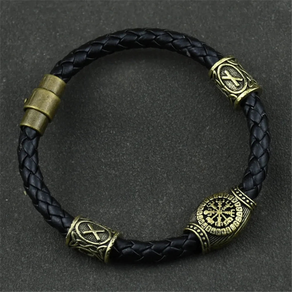 Mkendn Wikinger Accessoires Runen Perlen DIY Schmuck Herren Damen Wikinger Leder Armreifen mit Charms Bart Perlen