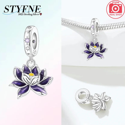 Charms aus 925er Silber, Blumenserie, lila Iris, Lilie, rosa Lilie, Perlen-Anhänger, passend für Original-Armbänder, Modeschmuck, DIY-Frauen-Geschenke