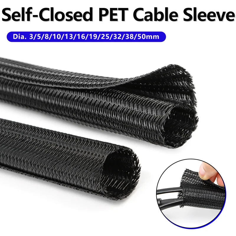 2/5 m schwarze, erweiterbare, selbstschließende Kabelhülse aus PET, Durchmesser 3 mm ~ 50 mm, geteilte, isolierte, hitzebeständige, geteilte Leitungsschutzhülse