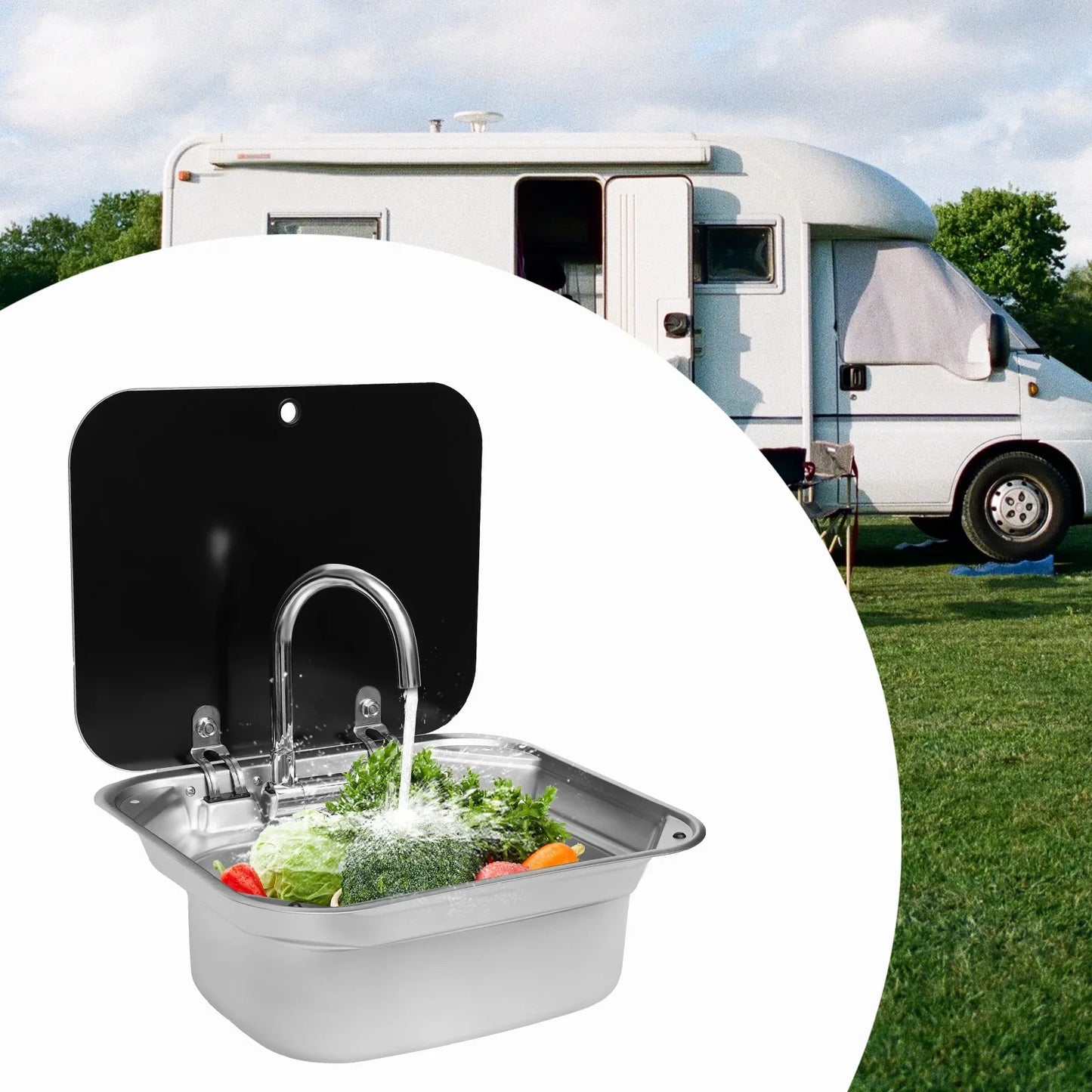 RV-Küchenspüle mit Armatur aus Edelstahl, Handwaschbecken mit Deckel für Wohnmobile, Wohnwagen, Camper, Boote, 16,14x14,37x6,3 Zoll