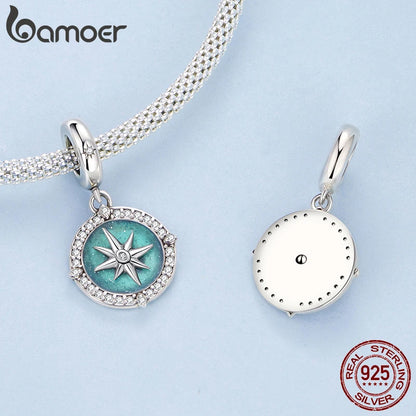 Bamoer Kompass-Anhänger aus 925er-Sterlingsilber, Emaille, blau, voll eingekreist, Zirkon-Perlen für Frauen, DIY-Halsketten-Zubehör, Kristall-Geschenk