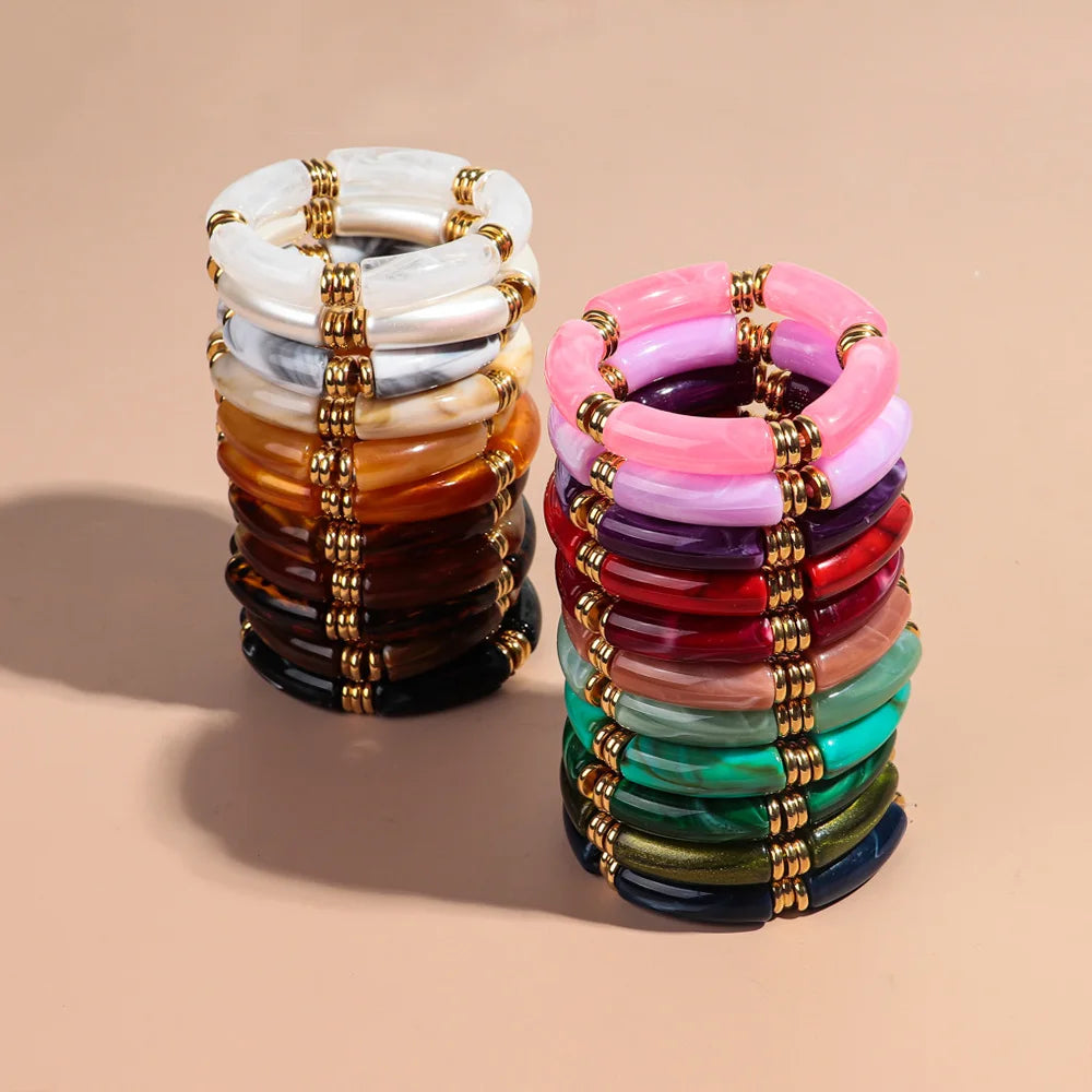 Vintage Chunky Bamboo Elbow Acrylic Bracelets for Women Men Rock Punk Stretch Large Curved Tube Stacking Bangle Couple Jewelry Gifts