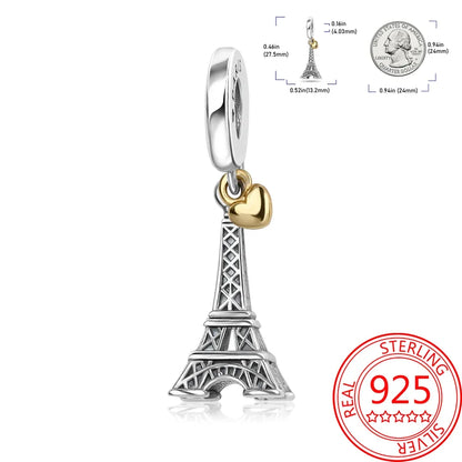 Kreativer Doppel-Charm aus 925er-Sterlingsilber, Eiffelturm, goldenes Herz, passend für DLY-Armbänder, Halsketten, Damen-Dating-Schmuck-Accessoires