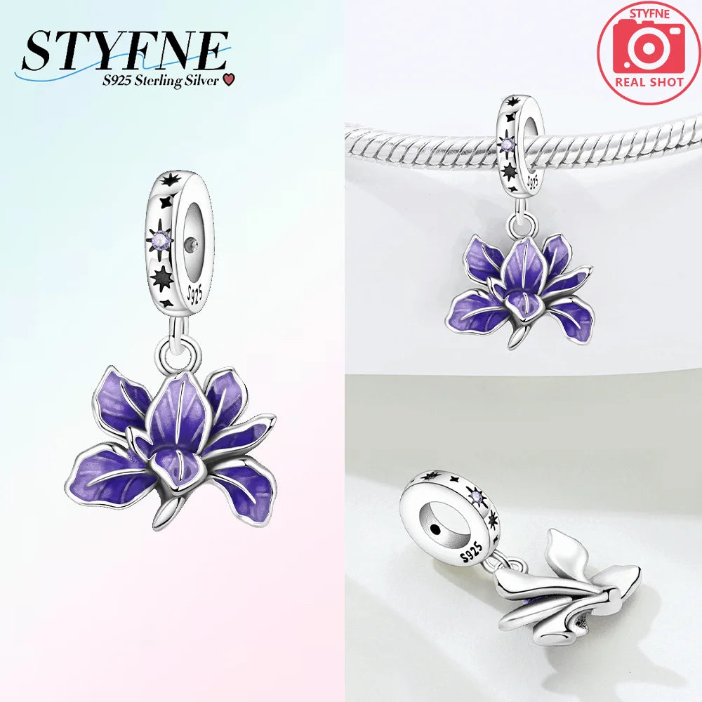 Charms aus 925er Silber, Blumenserie, lila Iris, Lilie, rosa Lilie, Perlen-Anhänger, passend für Original-Armbänder, Modeschmuck, DIY-Frauen-Geschenke