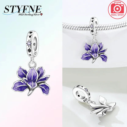 Charms aus 925er Silber, Blumenserie, lila Iris, Lilie, rosa Lilie, Perlen-Anhänger, passend für Original-Armbänder, Modeschmuck, DIY-Frauen-Geschenke