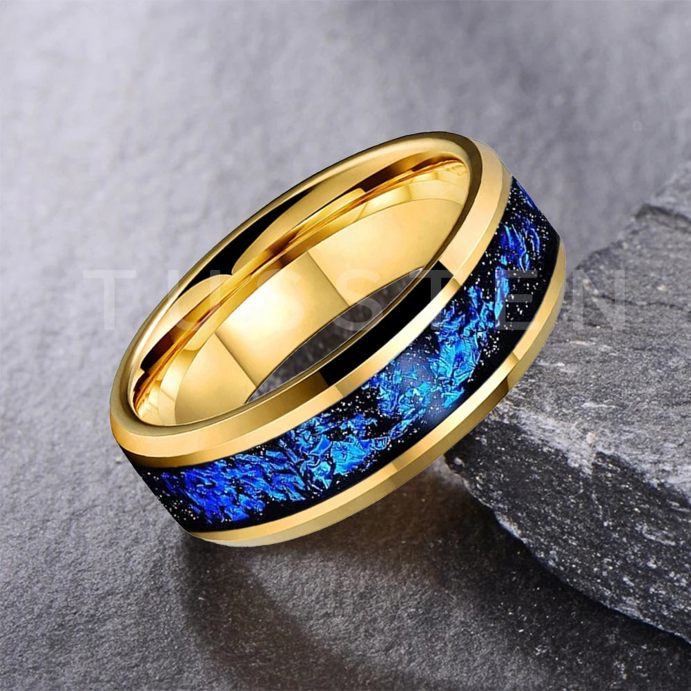 Wolfram 6/8mm Wolfram Ring für Männer Frauen blaue Folie Inlay Verlobung Ehering abgeschrägt poliert glänzend bequeme Passform