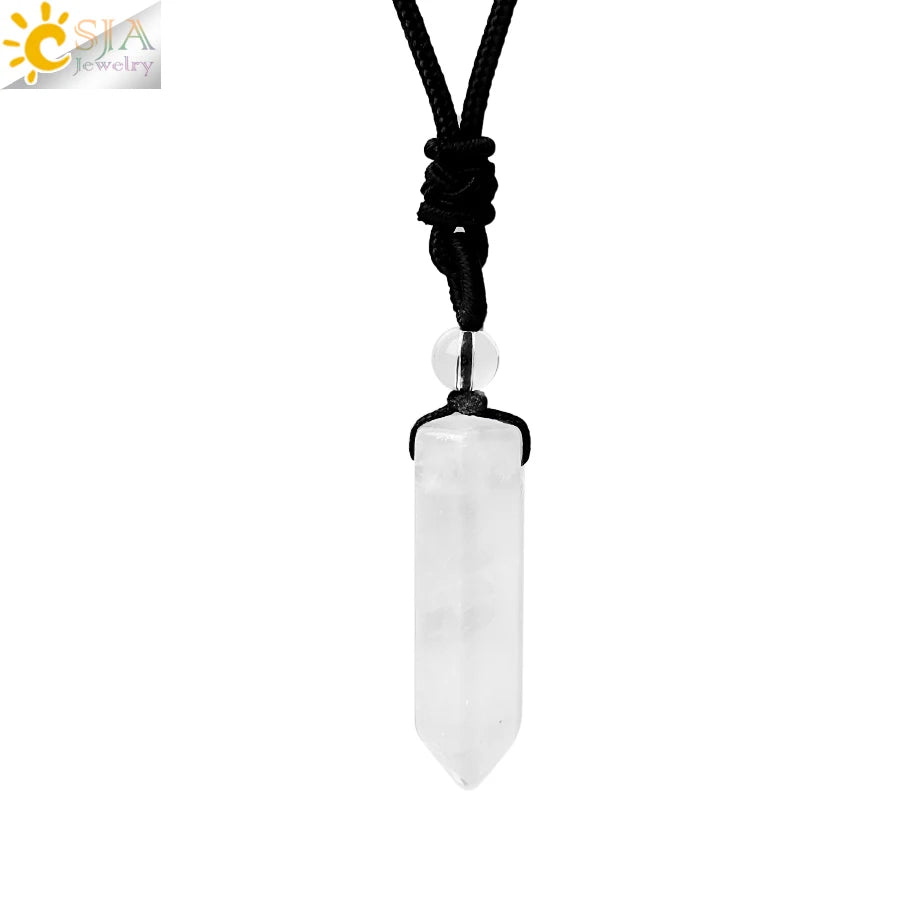 CSJA Sechseckige Naturstein-Anhänger-Kristall-Halskette für Damen und Herren, Amethyst, Tigerauge, schwarzer Obsidian, verstellbare Seilkette H477