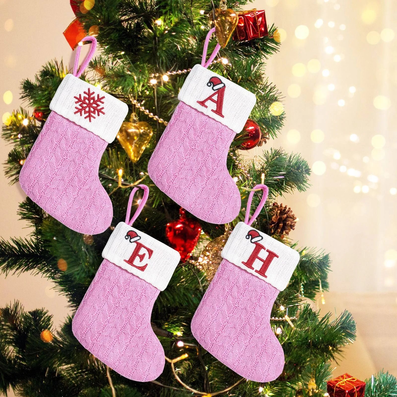 Rosa Weihnachts-Alphabet-Stricksocken, verdickt, Kawaii, exquisite Süßigkeiten-Geschenktüten, große Kapazität, Festival-Buchstaben-Stricksocken