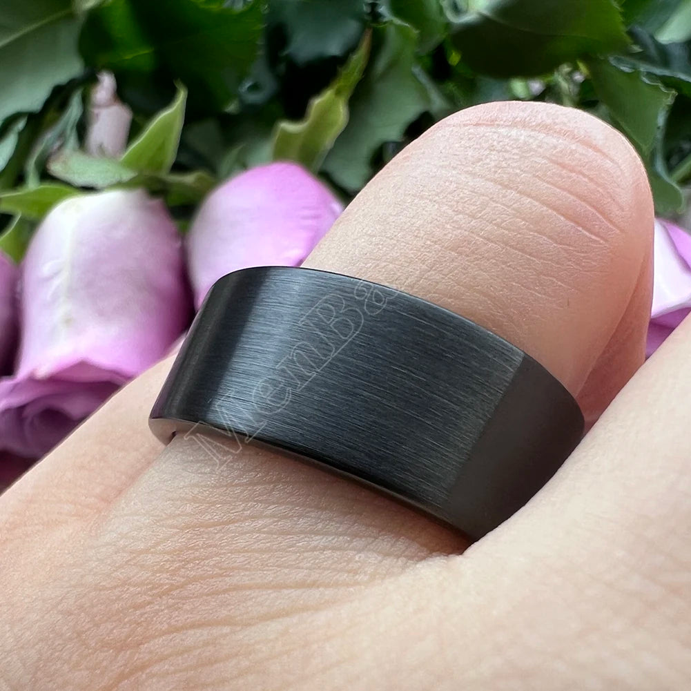MenBand 10 mm 12 mm großer Herrenring, schwarzer Wolfram-Ehering, flaches Band und gebürstete Oberfläche, bequeme Passform