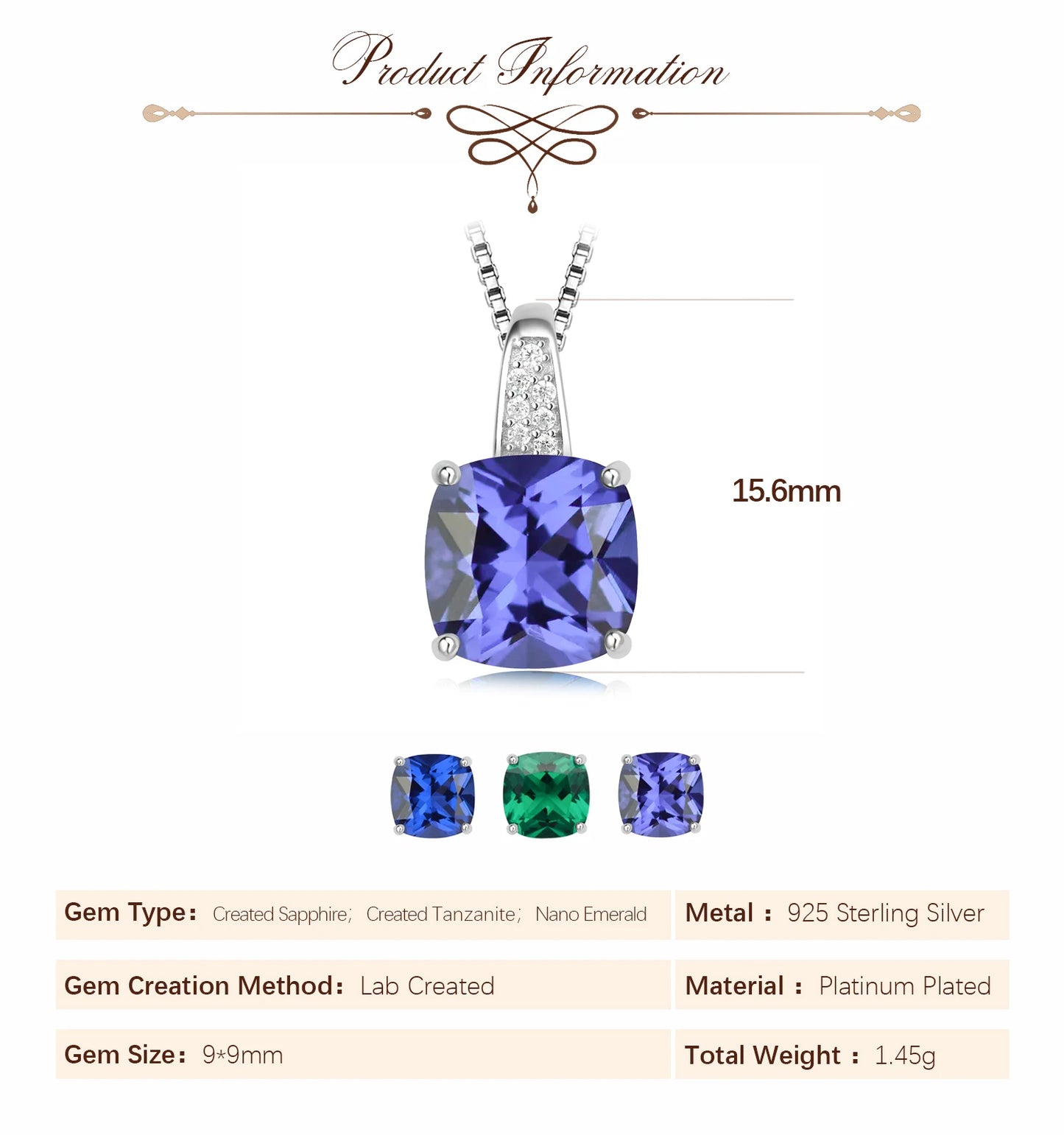 Potiy 4,73 ct Kissen-Halskette mit Saphir-Nano-Smaragd-Tansanit-Anhänger, keine Kette, 925er-Sterlingsilber für Damen, Valentinstag