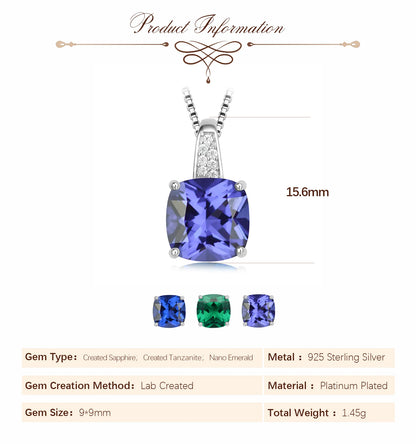 Potiy 4,73 ct Kissen-Halskette mit Saphir-Nano-Smaragd-Tansanit-Anhänger, keine Kette, 925er-Sterlingsilber für Damen, Valentinstag