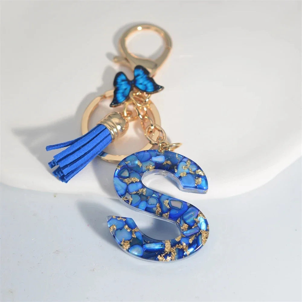 Modischer blauer glasierter Stein, A bis Z, Buchstaben-Schlüsselanhänger, 26 Initialen, Alphabet, Schmetterling, Quaste, Anhänger, Auto-Schlüsselanhänger, Damenschmuck, Geschenke
