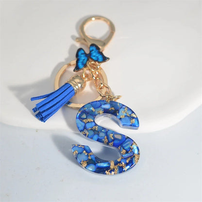 Modischer blauer glasierter Stein, A bis Z, Buchstaben-Schlüsselanhänger, 26 Initialen, Alphabet, Schmetterling, Quaste, Anhänger, Auto-Schlüsselanhänger, Damenschmuck, Geschenke