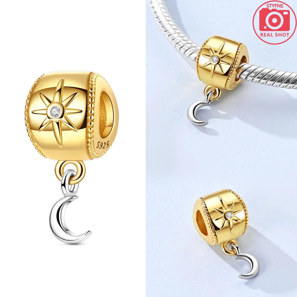 Original funkelnde Charm-Perlen aus 925er-Sterlingsilber, Gold, Rose, heller Stern, Herz, passend für Armbänder, DIY-Jubiläums-Schmuck, Geschenk