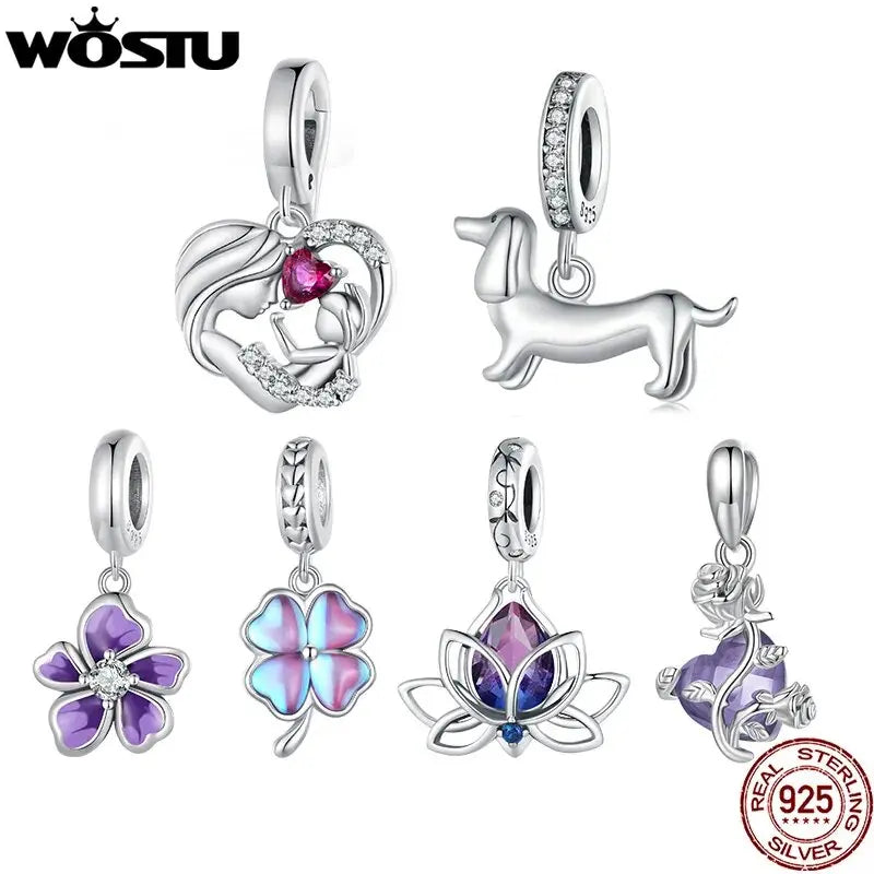 WOSTU Anhänger aus 925er-Sterlingsilber, Liebesherz-Charm, Dackel-Hund, lila Kristall, Lotus-Perlen, passend für Armband, DIY-Halskette, Mädchen-Geschenk