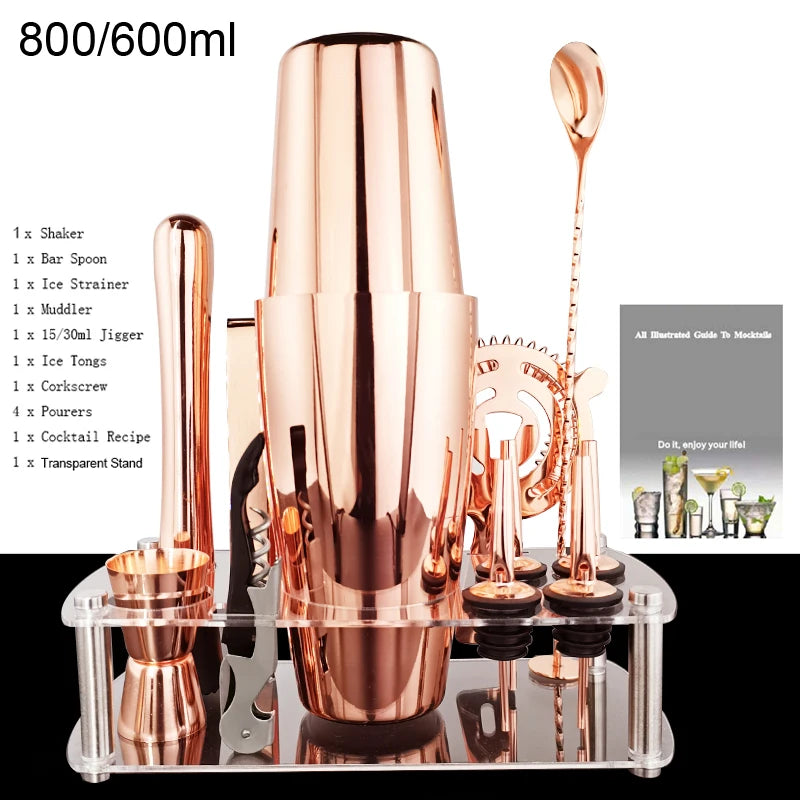 12 Stück Schwarz/Roségold/Silber 800/750/600 ml Boston Shaker Barkeeper Kit Cocktail Shaker Set Bar Werkzeuge Ständer Cocktail Rezept