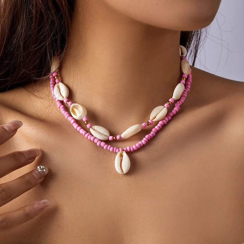 Doppelschicht Strand Muschel Halsband Halsketten Böhmische Natürliche Shell Kurzen Kragen Für Frauen Seil Kette Halsband Zubehör