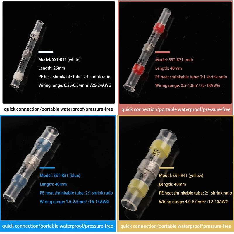50/100/120/150/250/400 Stück verpackt 26–10 AWG 0,25–6 mm wasserdichte Lötdichtungshülse Spleißklemmen Wärmeschrumpf-Zinn-Stoßverbinder