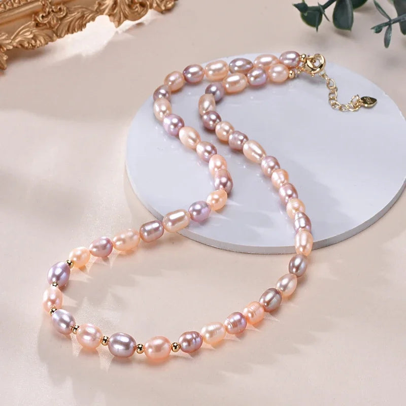 HENGSHENG 6–7 mm Reisform, Süßwasser, Weiß, Rosa, Lila, gemischte Farben, Perlenkette, 925er Sterlingsilber, Schmuck für Frauen und Mädchen