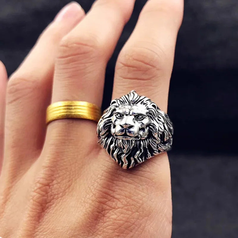 Retro Löwenkopf Großer Ring Für Männer Silber Farbe Punk Gothic Offener Ring Handgemachten Schmuck Rock Hiphop Biker Zubehör Mann Geschenk