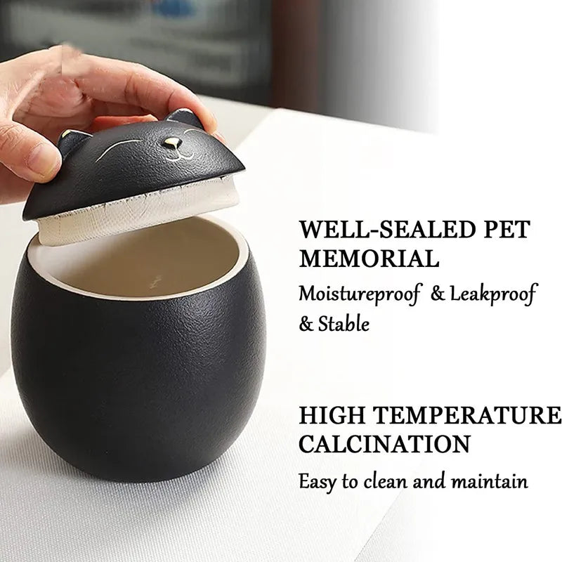 Urn for pet ashes, cat shape memorial cremation urns, hand crafted black, decorative urns for burial dog, ceramic sealed jar