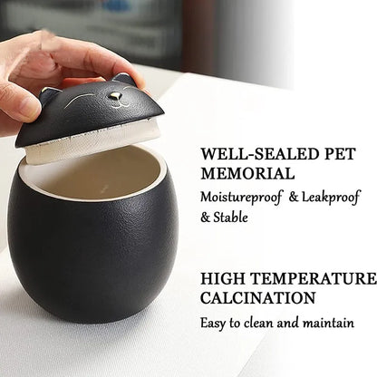 Urn for pet ashes, cat shape memorial cremation urns, hand crafted black, decorative urns for burial dog, ceramic sealed jar