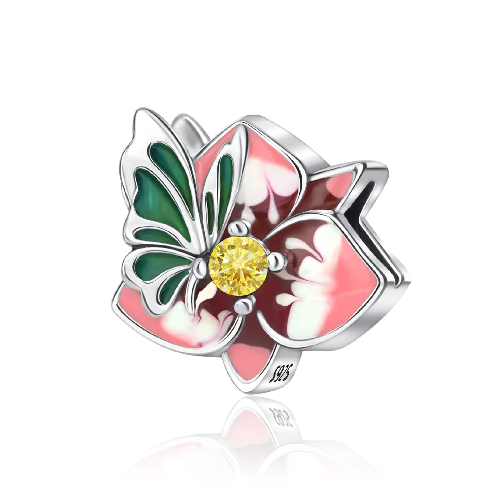 Bunter Schmetterlingsanhänger aus 925er-Sterlingsilber mit Blumen, Perlen, Käfer und Marienkäfer, passend für Armbänder, exquisite Anhänger-Geschenke