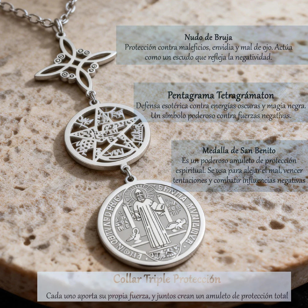 Dreifache Schutzhalskette mit Hexenknoten, Pentagramm, Tetragrammaton, St. Benedikt, Edelstahl, spirituelles Symbol, Amulett, Schmuck
