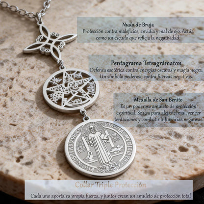Dreifache Schutzhalskette mit Hexenknoten, Pentagramm, Tetragrammaton, St. Benedikt, Edelstahl, spirituelles Symbol, Amulett, Schmuck