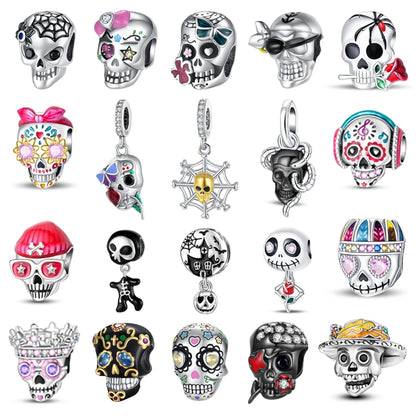 Atemberaubender Geisterrosen-Perlen aus 925er-Sterlingsilber und Spinnen-Seidenschädel-Anhänger, passend für Armbänder, Halloween-Anhänger, Accessoires, Geschenke