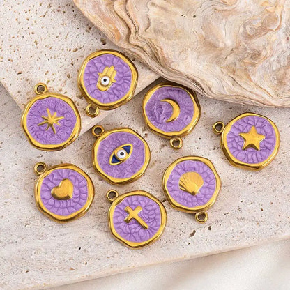 8 Stück Edelstahl Lila Rosa Emaille Herz Auge Sonne Mond Runde Anhänger für DIY Armband Ohrring Halskette Schmuckzubehör