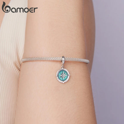 Bamoer Kompass-Anhänger aus 925er-Sterlingsilber, Emaille, blau, voll eingekreist, Zirkon-Perlen für Frauen, DIY-Halsketten-Zubehör, Kristall-Geschenk